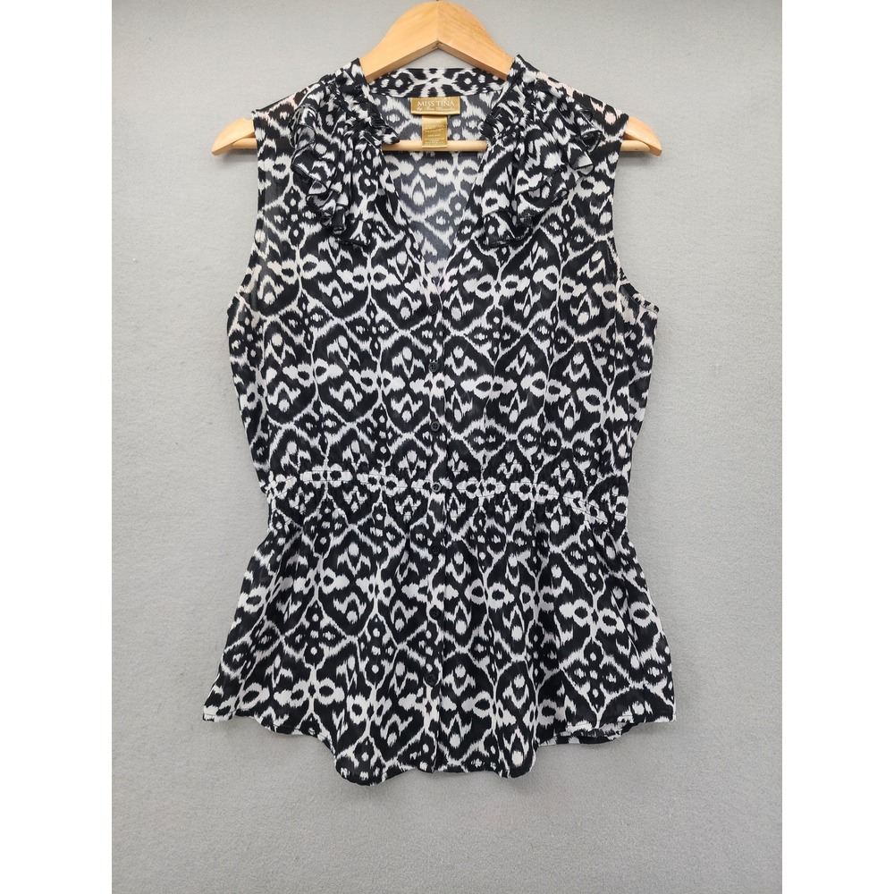 Miss Tina by Tina Knowles Black White Ikat Ruffle Peplum Sleeveless Blouse Med